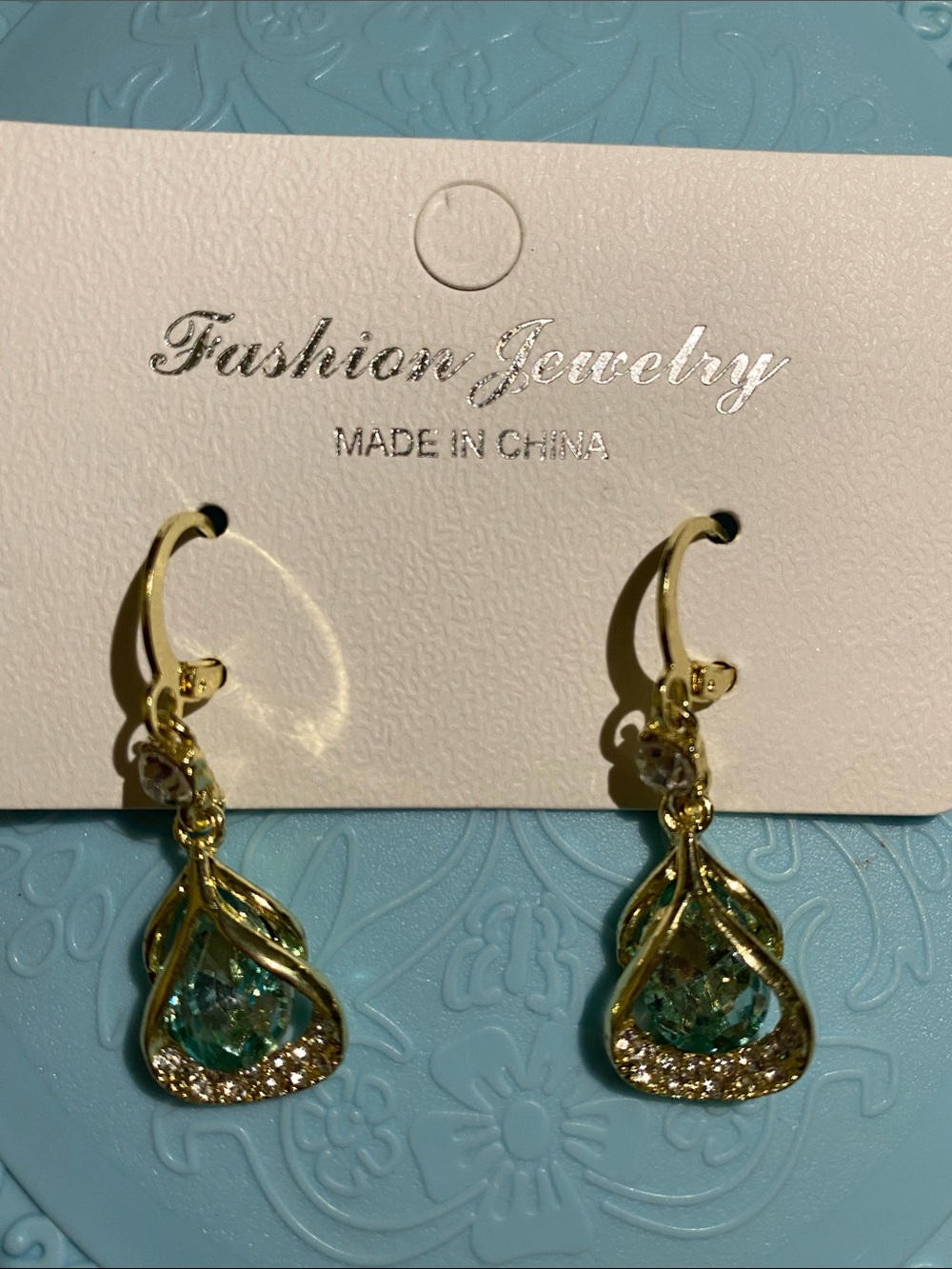 Fashion Jewelry Gold & Aqua Teardrop Crystal Drop Earrings